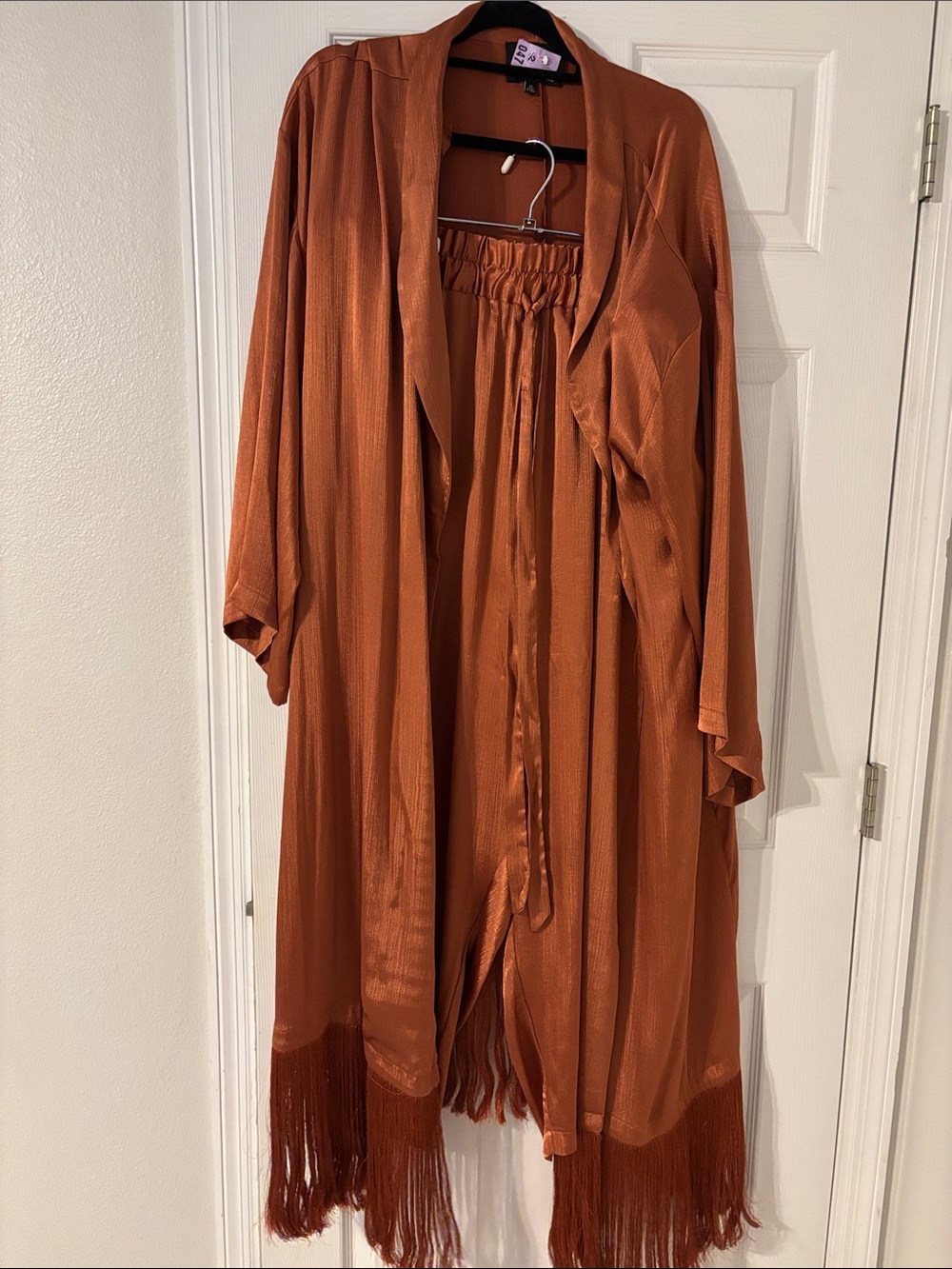 Eloquii Copper Satin Kimono and matching Satin Pants with Fringe